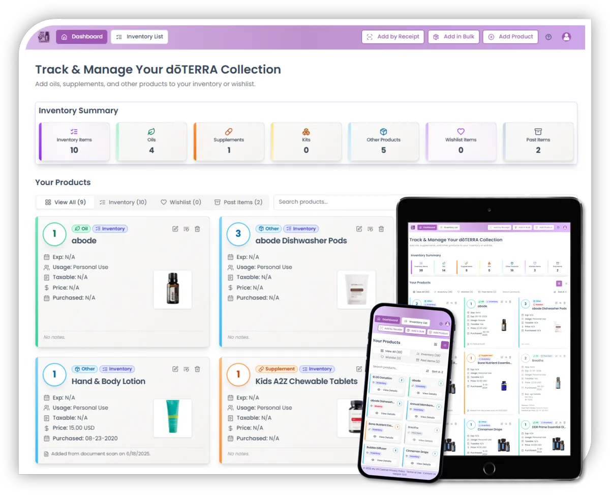 Essential Inventory app shown on desktop, tablet, and mobile screens.